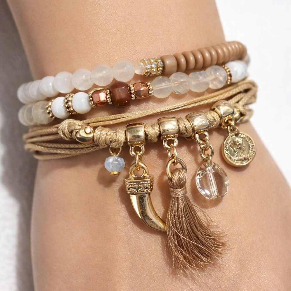 Elegant Set of 5 Gold tone Colorful Beaded Bracelets - Women's Fashion Jewelry